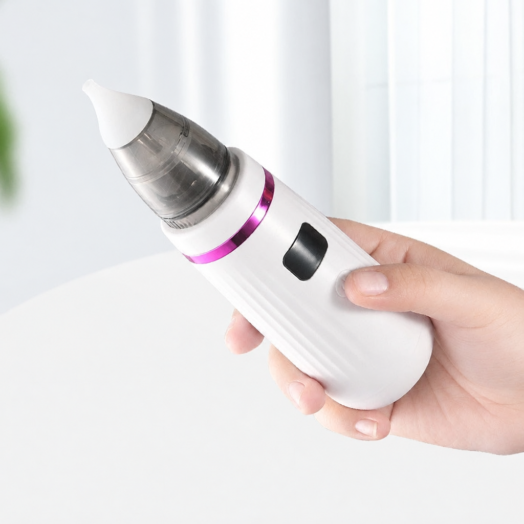 White electric nasal aspirator with a purple ring held in a hand